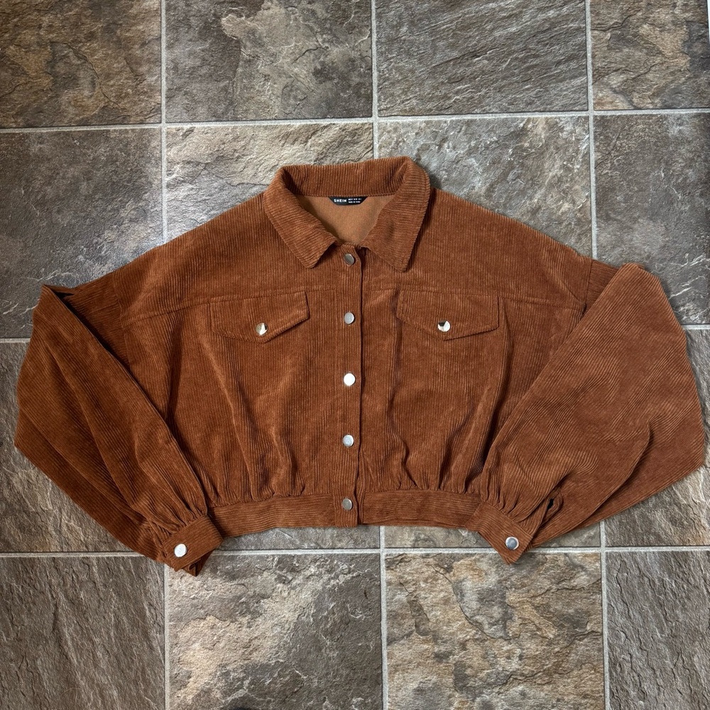 SHEIN Brown Cropped Corduroy Jacket M Balloon Sleeve Oversized Rust